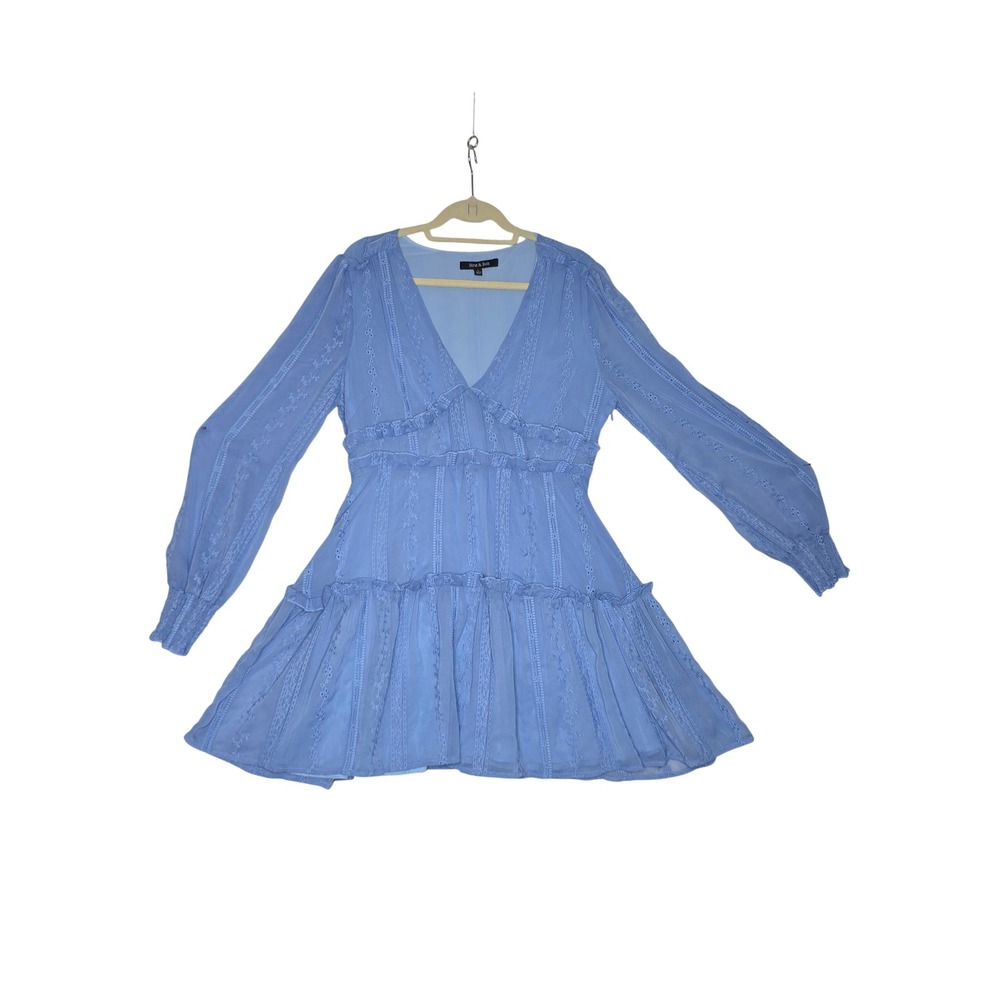 Strut & Bolt Blue Embroidered Lace Ruffle Mini Dress Long Sleeve V-Neck SzL Sexy